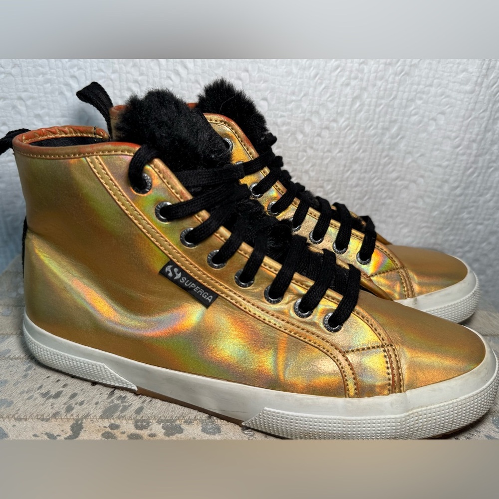 Superga Jocelyn Gold Iridescent Fur Hi-Top Sneakers Sz 10